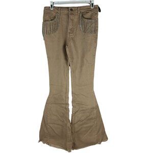 Blue B Womens Beige High-Waisted Flare Pants Rhinestone Fringe Pockets Size S